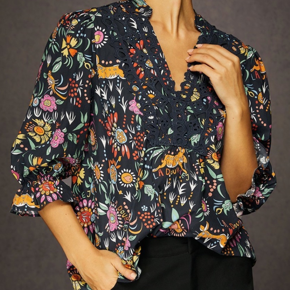 StyleWe, V-Neck Printed Floral Black Multicolored Blouse, Size L - Picture 2 of 7